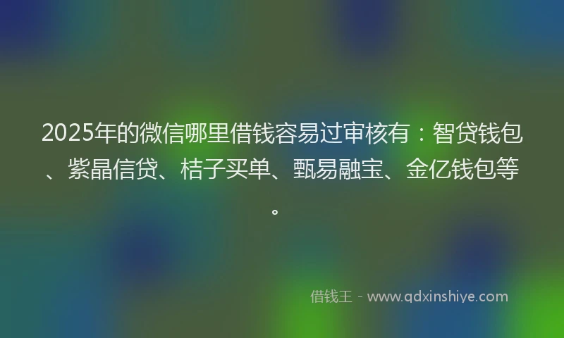 2025年的微信哪里借钱容易过审核有：智贷钱包、紫晶信贷、桔子买单、甄易融宝、金亿钱包等。