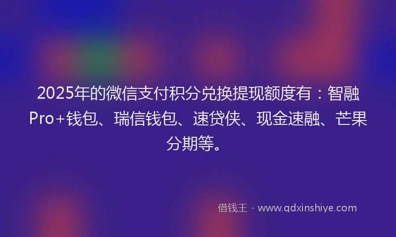 2025年的微信支付积分兑换提现额度有：智融Pro+钱包、瑞信钱包、速贷侠、现金速融、芒果分期等。