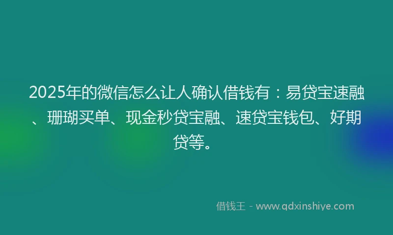 2025年的微信怎么让人确认借钱有：易贷宝速融、珊瑚买单、现金秒贷宝融、速贷宝钱包、好期贷等。