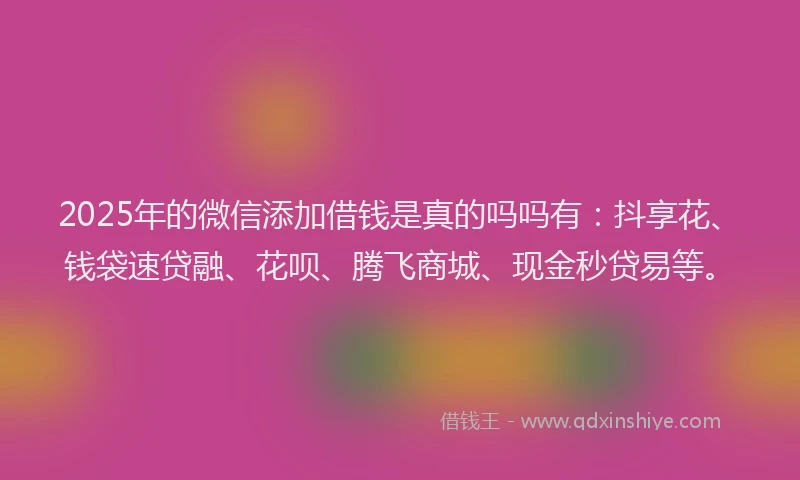 2025年的微信添加借钱是真的吗吗有：抖享花、钱袋速贷融、花呗、腾飞商城、现金秒贷易等。