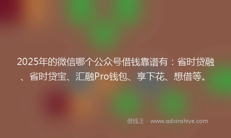 2025年的微信哪个公众号借钱靠谱有：省时贷融、省时贷宝、汇融Pro钱包、享下花、想借等。
