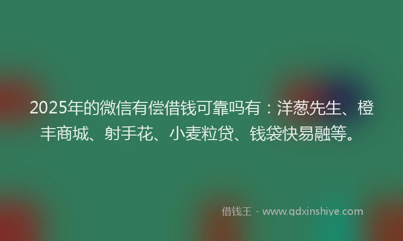 2025年的微信有偿借钱可靠吗有：洋葱先生、橙丰商城、射手花、小麦粒贷、钱袋快易融等。