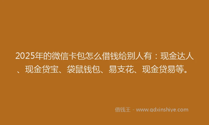 2025年的微信卡包怎么借钱给别人有：现金达人、现金贷宝、袋鼠钱包、易支花、现金贷易等。