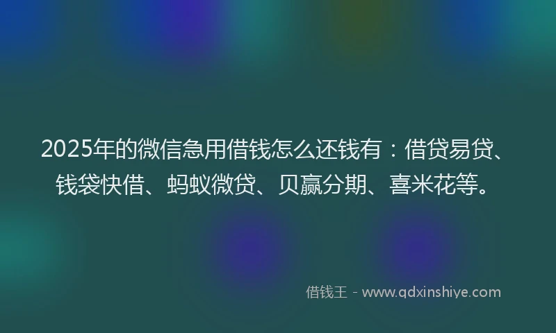 2025年的微信急用借钱怎么还钱有：借贷易贷、钱袋快借、蚂蚁微贷、贝赢分期、喜米花等。