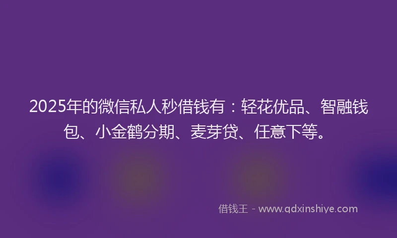2025年的微信私人秒借钱有：轻花优品、智融钱包、小金鹤分期、麦芽贷、任意下等。