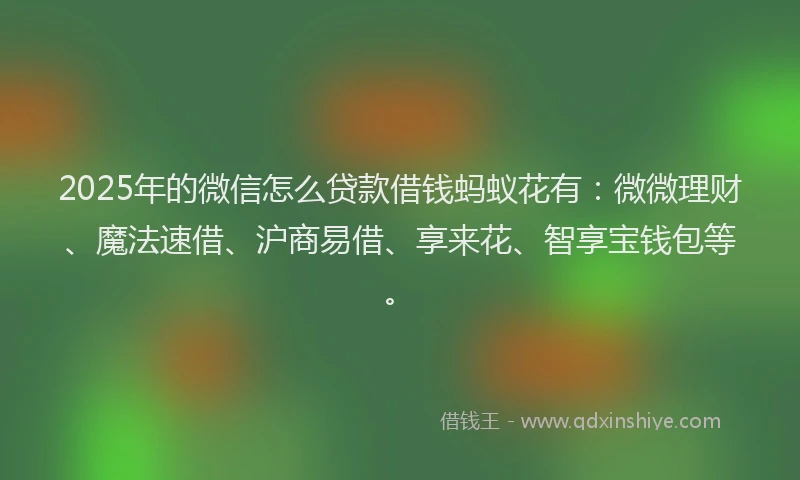2025年的微信怎么贷款借钱蚂蚁花有：微微理财、魔法速借、沪商易借、享来花、智享宝钱包等。