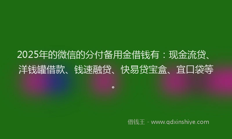 2025年的微信的分付备用金借钱有：现金流贷、洋钱罐借款、钱速融贷、快易贷宝盒、宜口袋等。