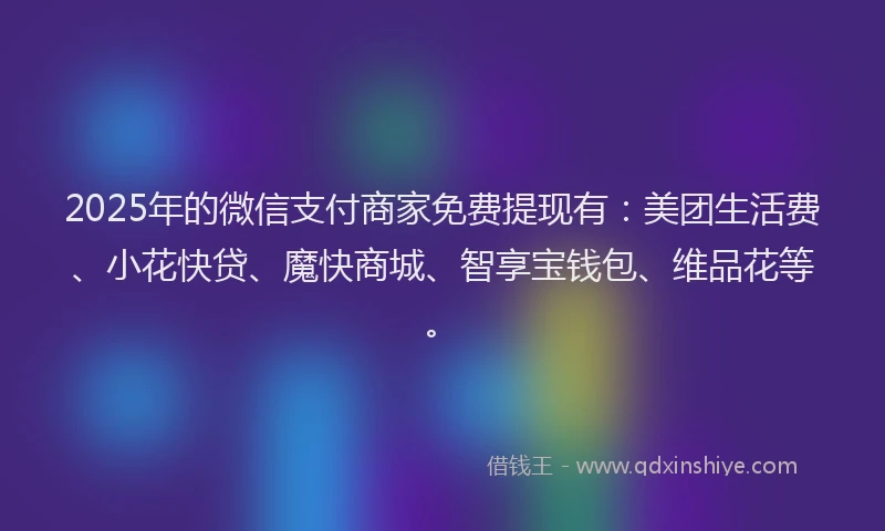 2025年的微信支付商家免费提现有：美团生活费、小花快贷、魔快商城、智享宝钱包、维品花等。