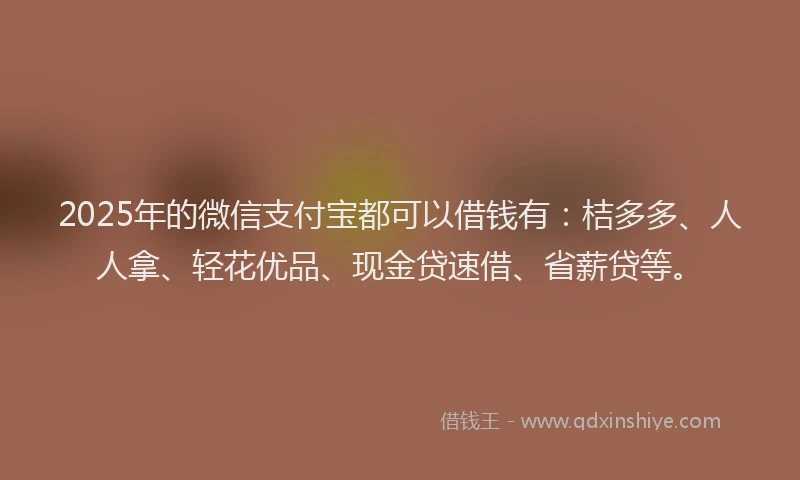 2025年的微信支付宝都可以借钱有：桔多多、人人拿、轻花优品、现金贷速借、省薪贷等。