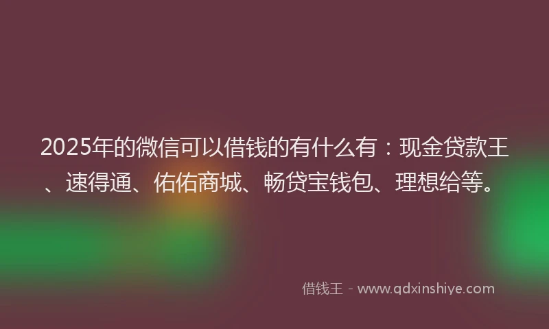 2025年的微信可以借钱的有什么有：现金贷款王、速得通、佑佑商城、畅贷宝钱包、理想给等。