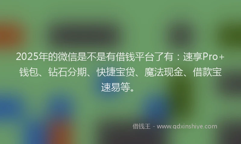 2025年的微信是不是有借钱平台了有：速享Pro+钱包、钻石分期、快捷宝贷、魔法现金、借款宝速易等。