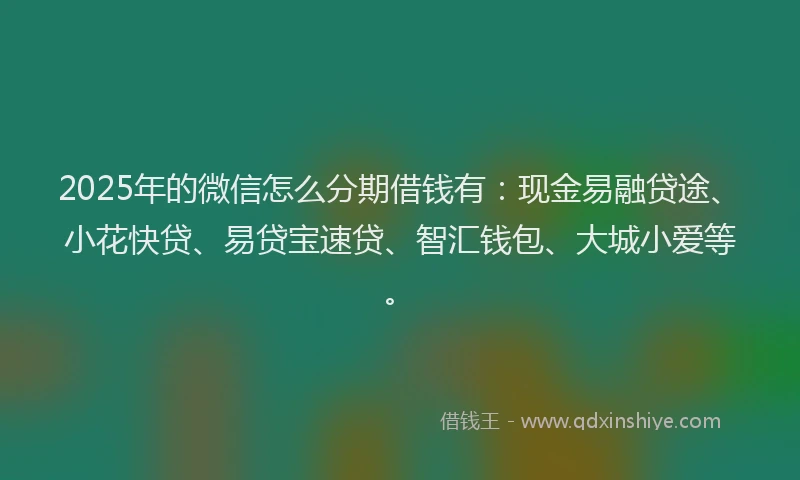 2025年的微信怎么分期借钱有:现金易融贷途、小花快贷、易贷宝速贷、智汇钱包、大城小爱等。
