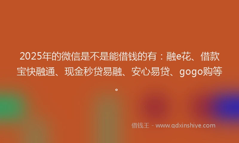 2025年的微信是不是能借钱的有：融e花、借款宝快融通、现金秒贷易融、安心易贷、gogo购等。