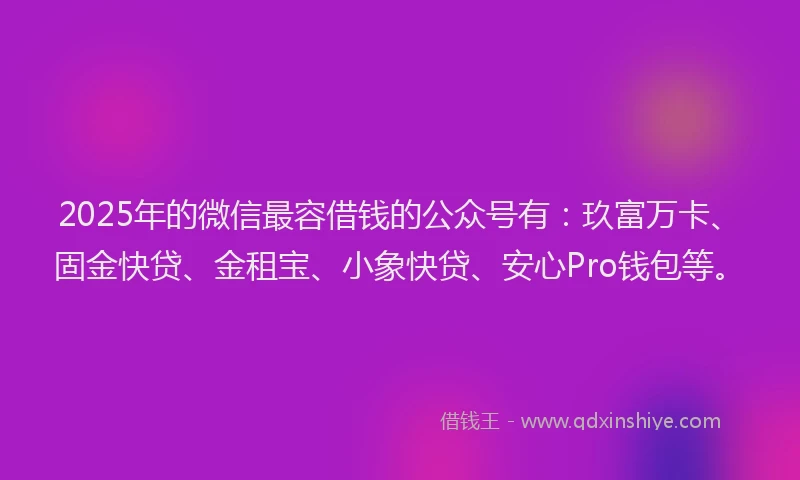 2025年的微信最容借钱的公众号有：玖富万卡、固金快贷、金租宝、小象快贷、安心Pro钱包等。