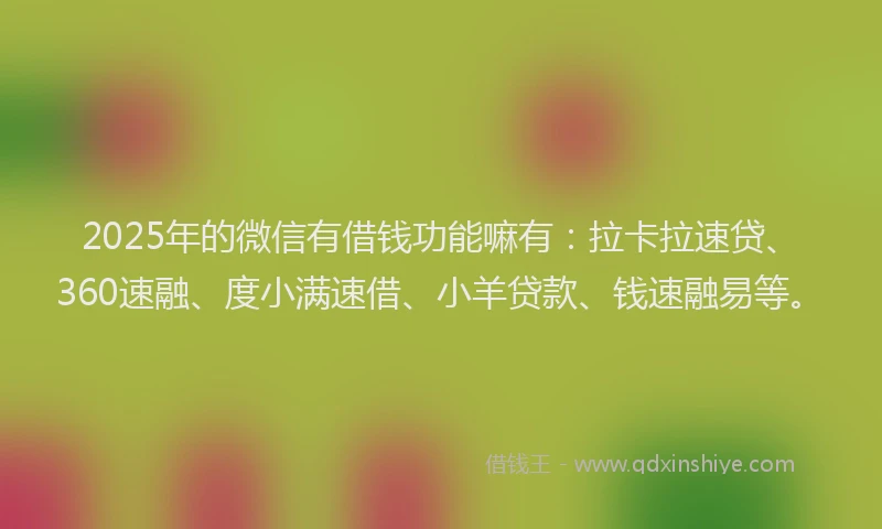 2025年的微信有借钱功能嘛有：拉卡拉速贷、360速融、度小满速借、小羊贷款、钱速融易等。
