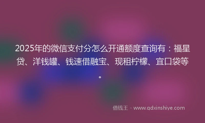 2025年的微信支付分怎么开通额度查询有：福星贷、洋钱罐、钱速借融宝、现租柠檬、宜口袋等。