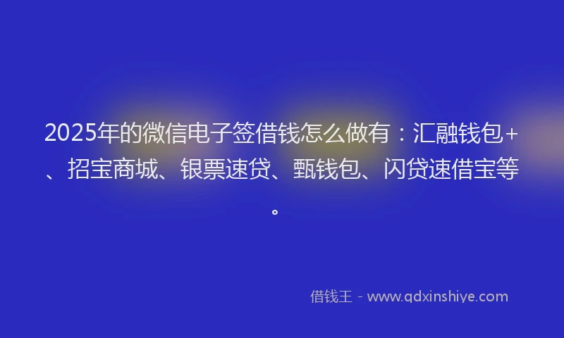 2025年的微信电子签借钱怎么做有：汇融钱包+、招宝商城、银票速贷、甄钱包、闪贷速借宝等。