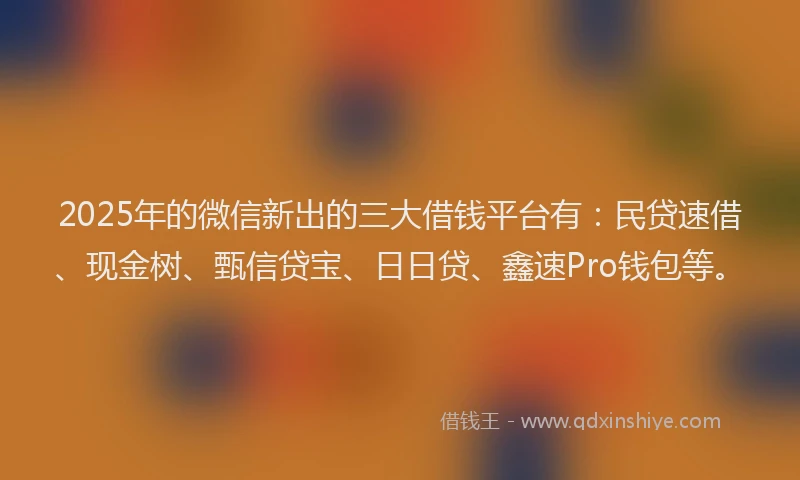 2025年的微信新出的三大借钱平台有：民贷速借、现金树、甄信贷宝、日日贷、鑫速Pro钱包等。