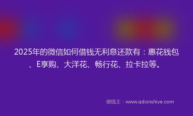 2025年的微信如何借钱无利息还款有：惠花钱包、E享购、大洋花、畅行花、拉卡拉等。
