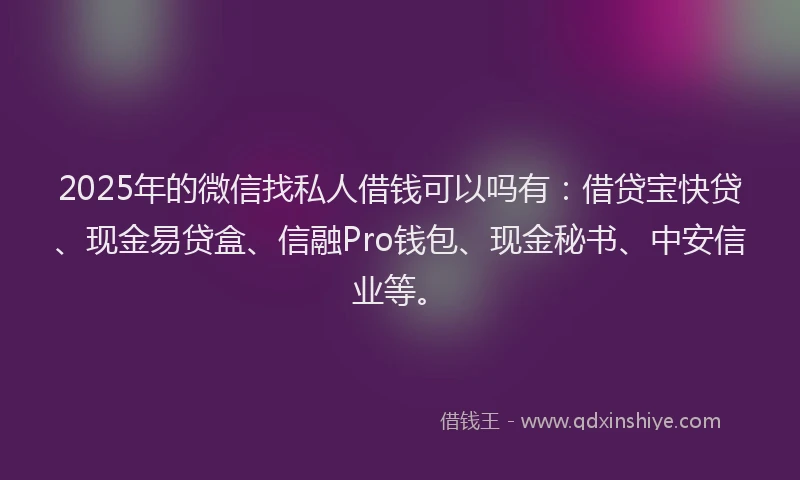 2025年的微信找私人借钱可以吗有：借贷宝快贷、现金易贷盒、信融Pro钱包、现金秘书、中安信业等。