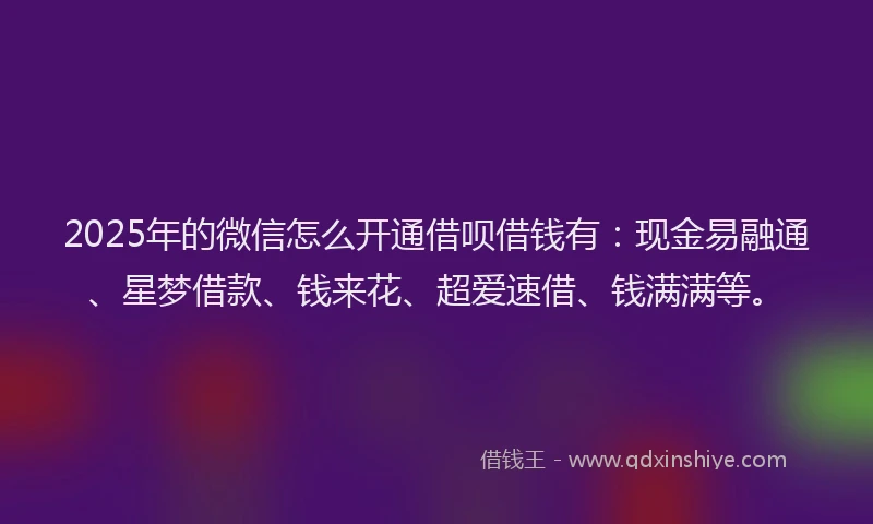 2025年的微信怎么开通借呗借钱有：现金易融通、星梦借款、钱来花、超爱速借、钱满满等。
