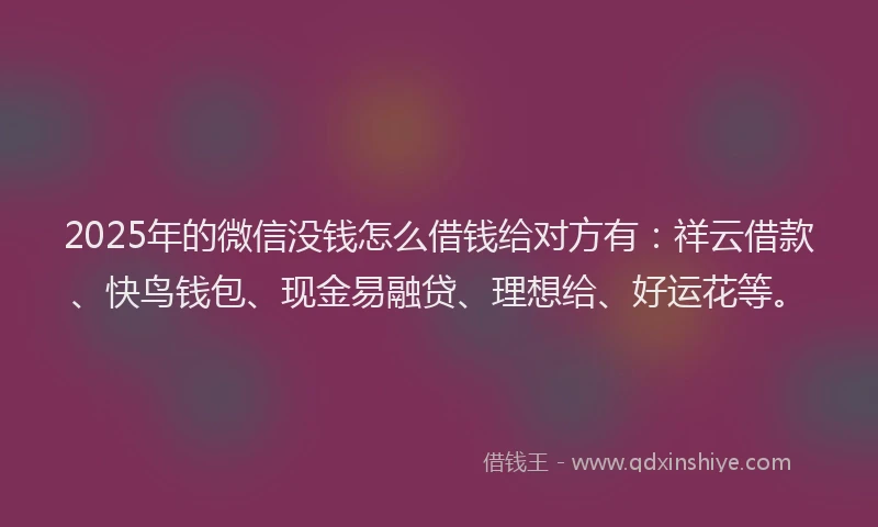 2025年的微信没钱怎么借钱给对方有：祥云借款、快鸟钱包、现金易融贷、理想给、好运花等。