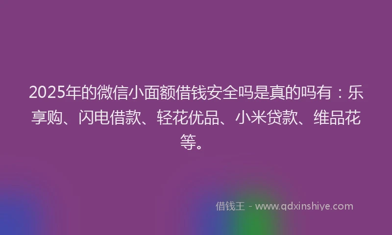 2025年的微信小面额借钱安全吗是真的吗有：乐享购、闪电借款、轻花优品、小米贷款、维品花等。