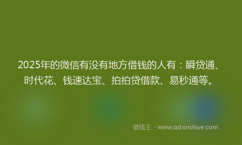 2025年的微信有没有地方借钱的人有：瞬贷通、时代花、钱速达宝、拍拍贷借款、易秒通等。
