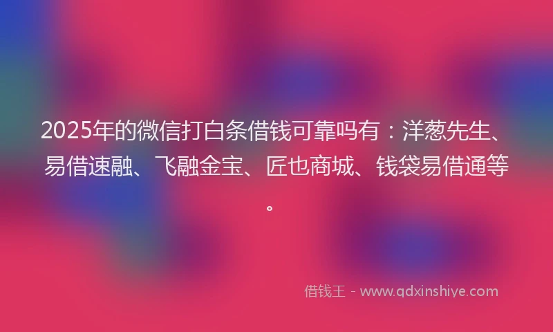 2025年的微信打白条借钱可靠吗有：洋葱先生、易借速融、飞融金宝、匠也商城、钱袋易借通等。