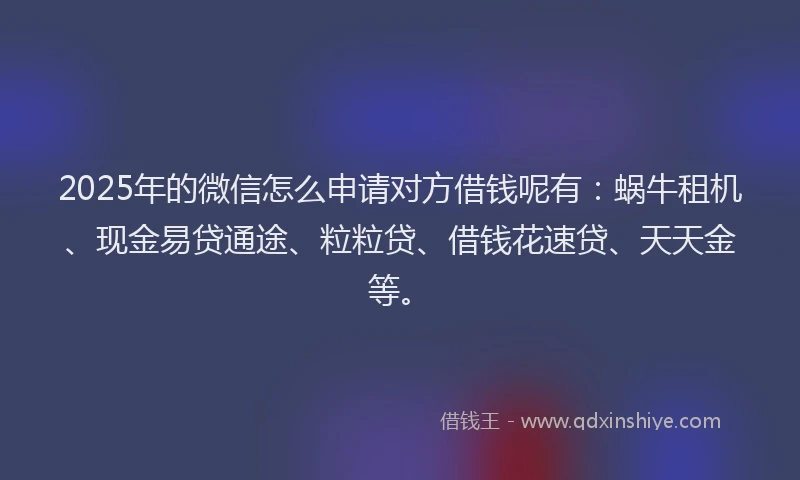 2025年的微信怎么申请对方借钱呢有：蜗牛租机、现金易贷通途、粒粒贷、借钱花速贷、天天金等。