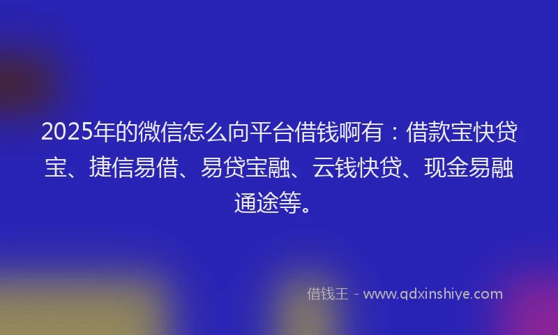 2025年的微信怎么向平台借钱啊有：借款宝快贷宝、捷信易借、易贷宝融、云钱快贷、现金易融通途等。