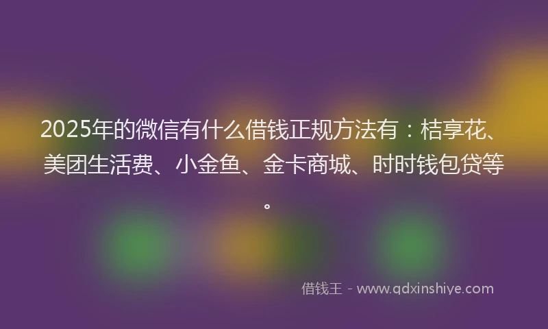 2025年的微信有什么借钱正规方法有：桔享花、美团生活费、小金鱼、金卡商城、时时钱包贷等。