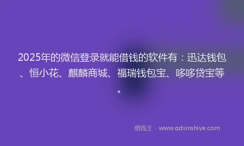 2025年的微信登录就能借钱的软件有：迅达钱包、恒小花、麒麟商城、福瑞钱包宝、哆哆贷宝等。