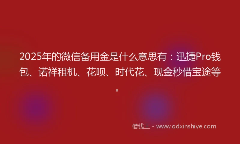 2025年的微信备用金是什么意思有：迅捷Pro钱包、诺祥租机、花呗、时代花、现金秒借宝途等。