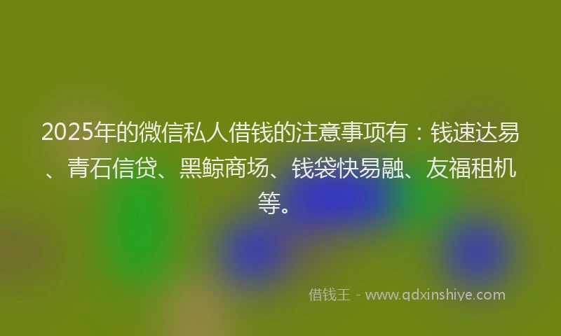 2025年的微信私人借钱的注意事项有：钱速达易、青石信贷、黑鲸商场、钱袋快易融、友福租机等。