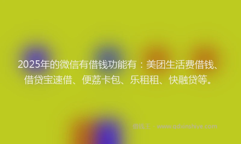 2025年的微信有借钱功能有：美团生活费借钱、借贷宝速借、便荔卡包、乐租租、快融贷等。