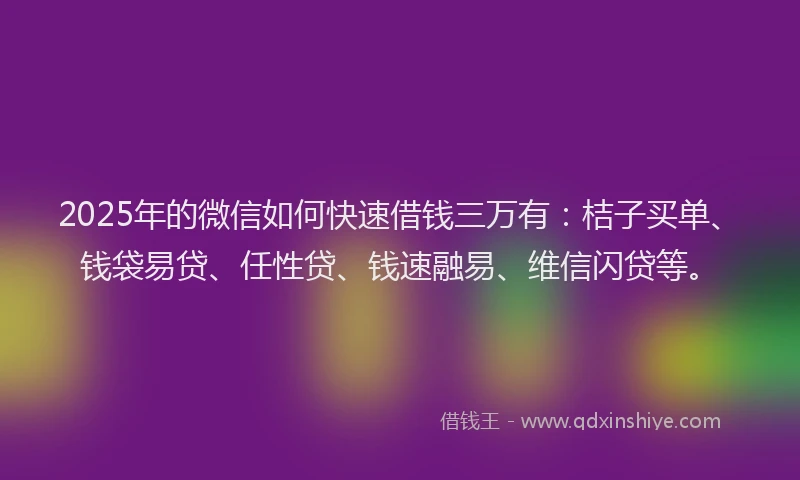 2025年的微信如何快速借钱三万有：桔子买单、钱袋易贷、任性贷、钱速融易、维信闪贷等。
