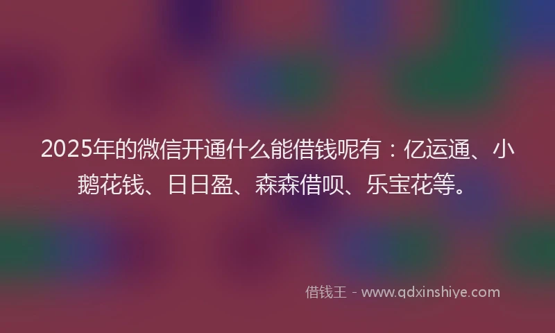 2025年的微信开通什么能借钱呢有：亿运通、小鹅花钱、日日盈、森森借呗、乐宝花等。