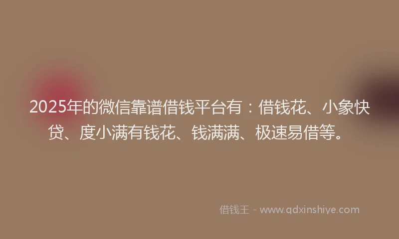 2025年的微信靠谱借钱平台有：借钱花、小象快贷、度小满有钱花、钱满满、极速易借等。