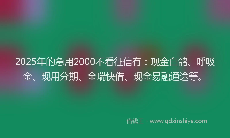 2025年的急用2000不看征信有：现金白鸽、呼吸金、现用分期、金瑞快借、现金易融通途等。