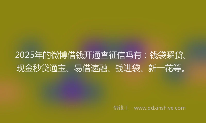 2025年的微博借钱开通查征信吗有：钱袋瞬贷、现金秒贷通宝、易借速融、钱进袋、新一花等。