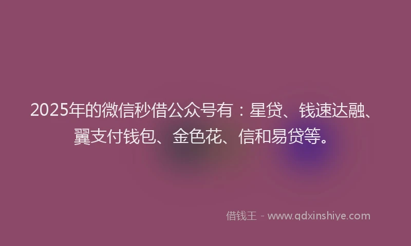 2025年的微信秒借公众号有：星贷、钱速达融、翼支付钱包、金色花、信和易贷等。