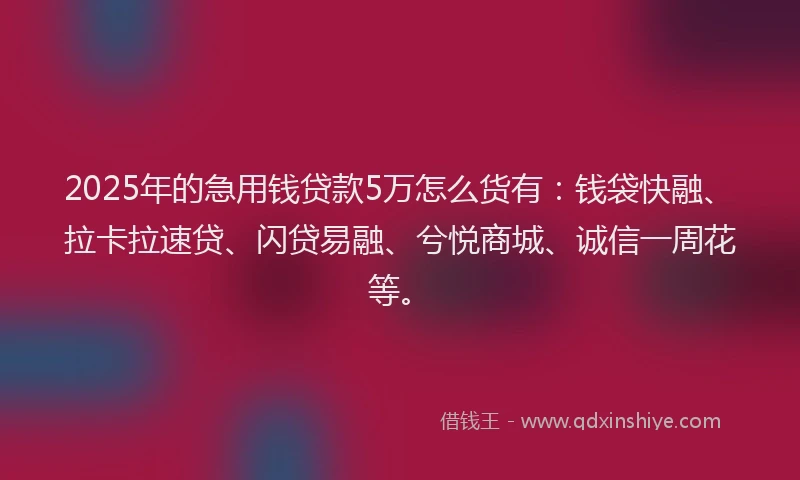 2025年的急用钱贷款5万怎么货有：钱袋快融、拉卡拉速贷、闪贷易融、兮悦商城、诚信一周花等。