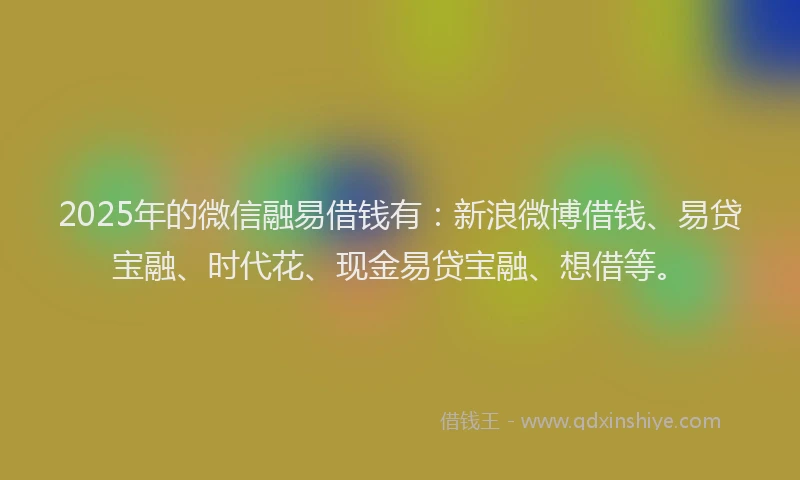 2025年的微信融易借钱有：新浪微博借钱、易贷宝融、时代花、现金易贷宝融、想借等。
