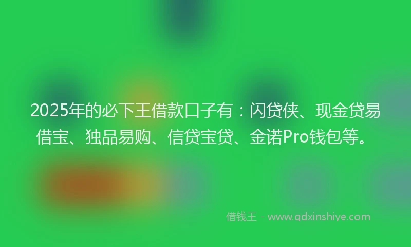 2025年的必下王借款口子有：闪贷侠、现金贷易借宝、独品易购、信贷宝贷、金诺Pro钱包等。