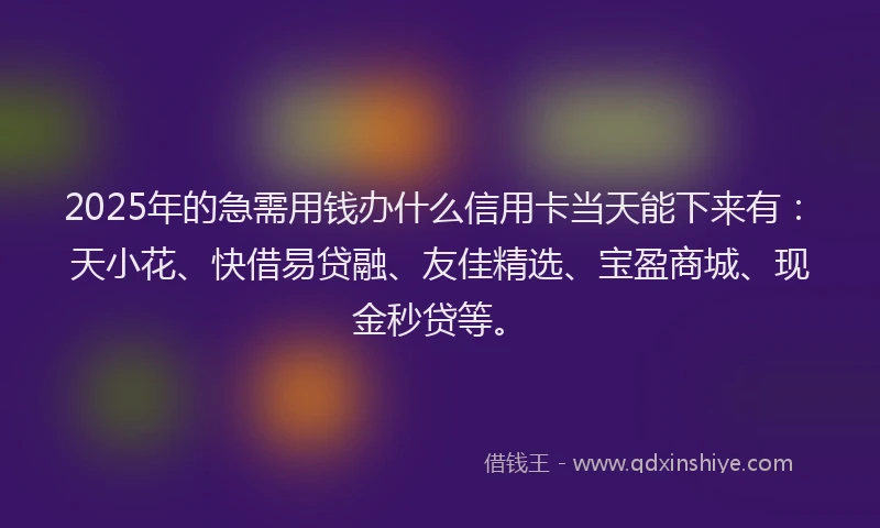 2025年的急需用钱办什么信用卡当天能下来有：天小花、快借易贷融、友佳精选、宝盈商城、现金秒贷等。