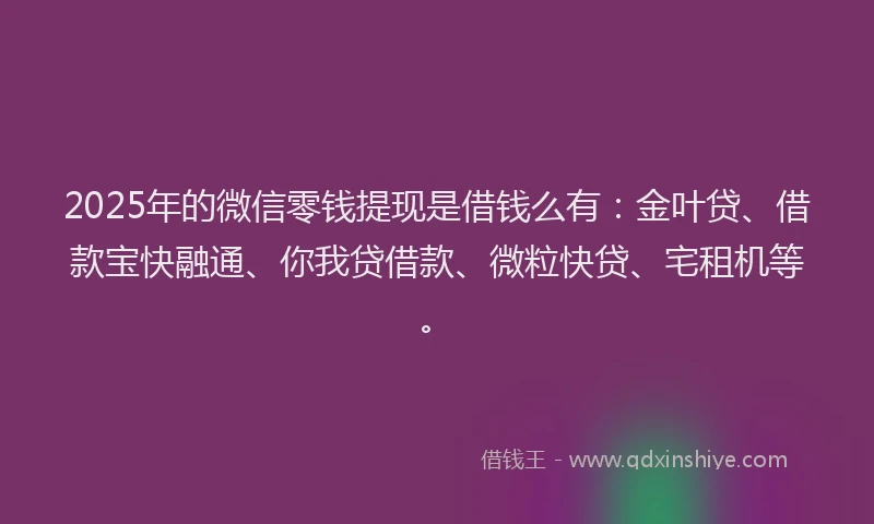 2025年的微信零钱提现是借钱么有：金叶贷、借款宝快融通、你我贷借款、微粒快贷、宅租机等。