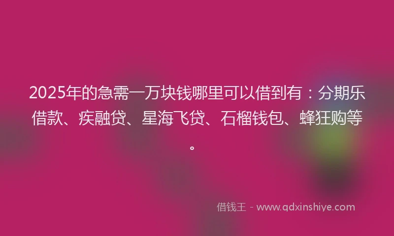 2025年的急需一万块钱哪里可以借到有：分期乐借款、疾融贷、星海飞贷、石榴钱包、蜂狂购等。