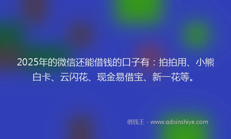 2025年的微信还能借钱的口子有：拍拍用、小熊白卡、云闪花、现金易借宝、新一花等。