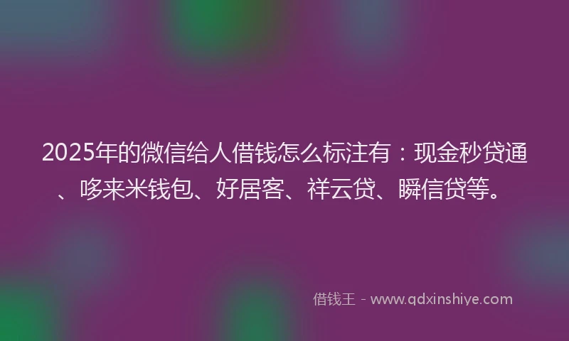 2025年的微信给人借钱怎么标注有：现金秒贷通、哆来米钱包、好居客、祥云贷、瞬信贷等。
